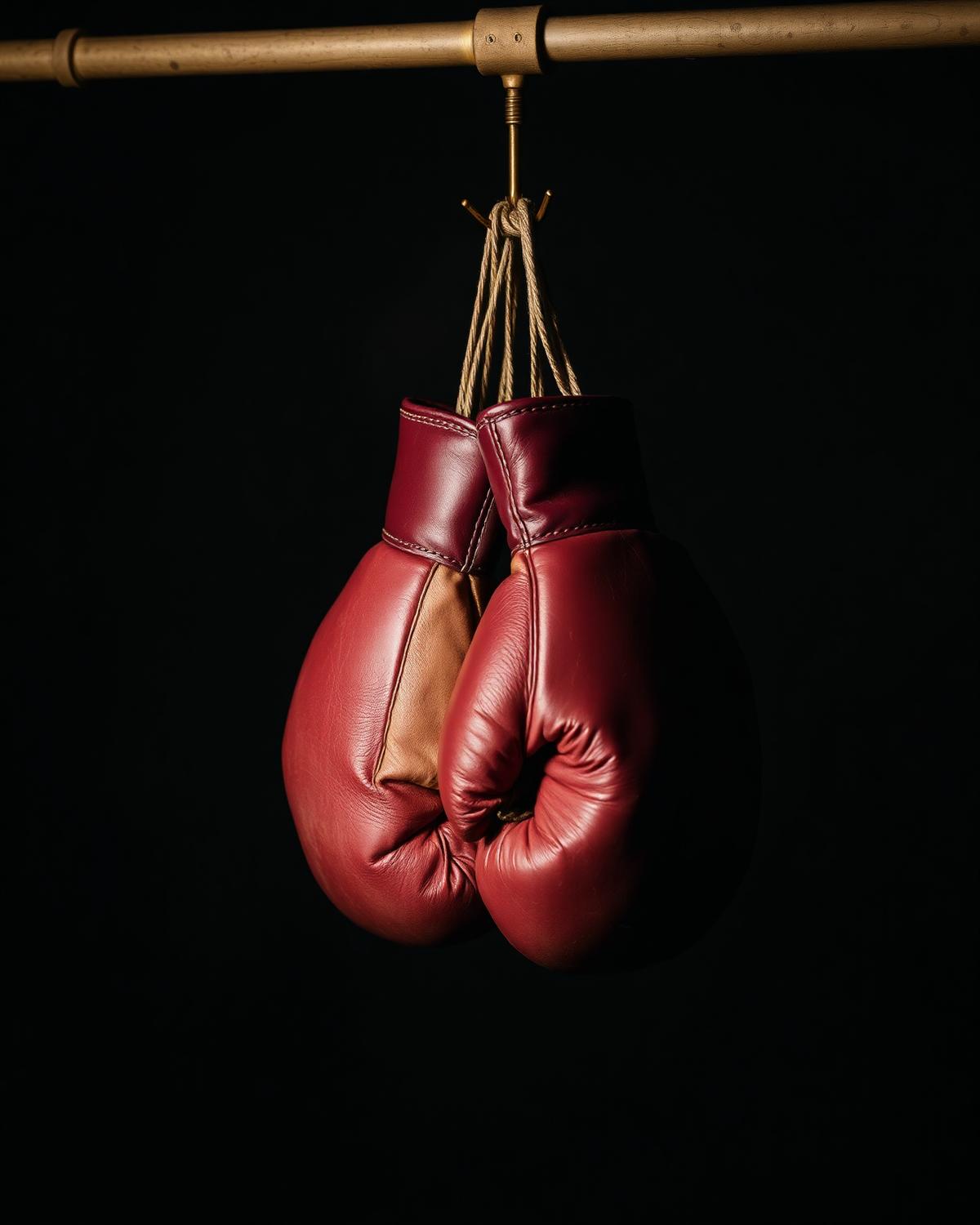 Vintage oxblood boxing gloves on a brass hook